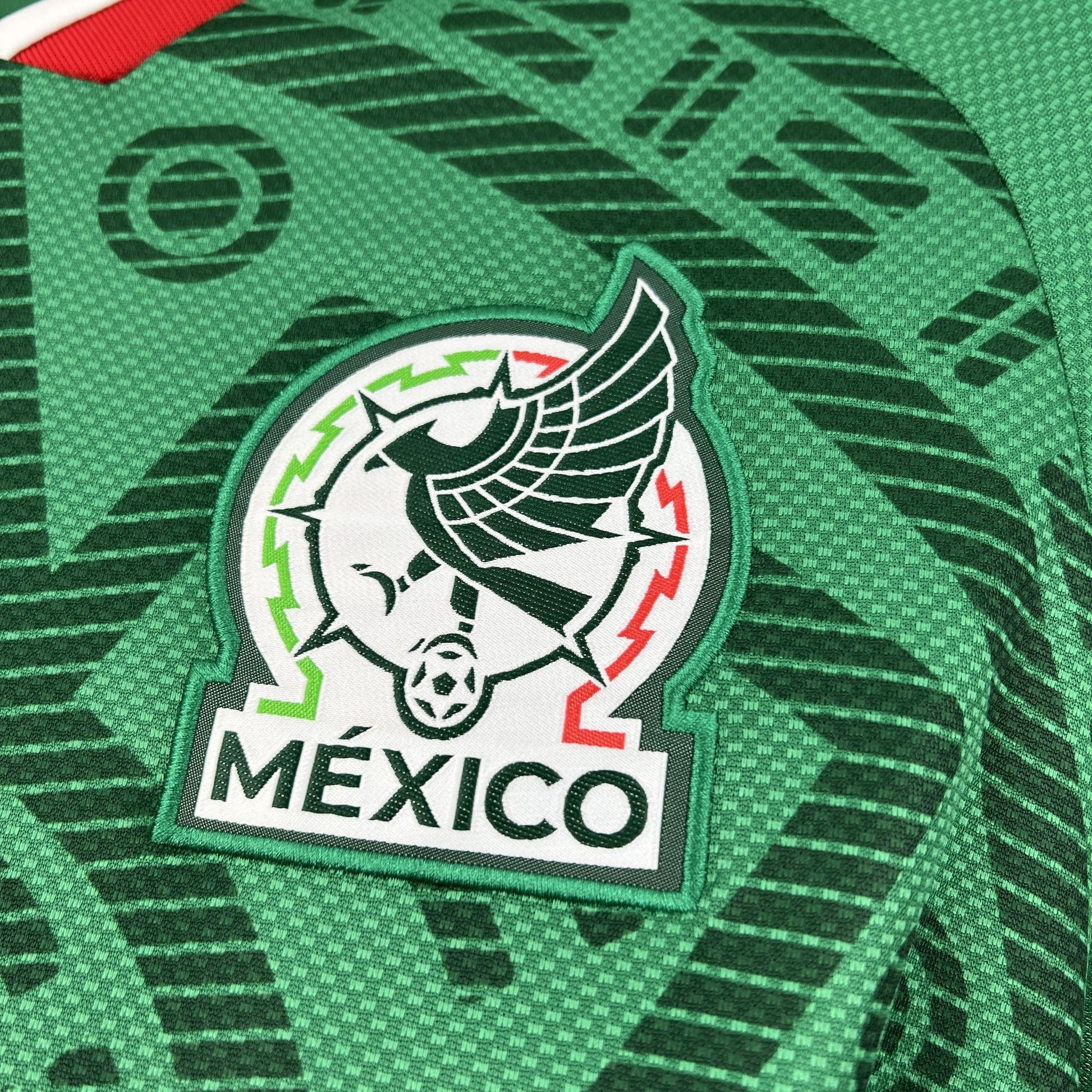 Close up view of Mexico's team logo on their 2026 worldcup home green jersey.