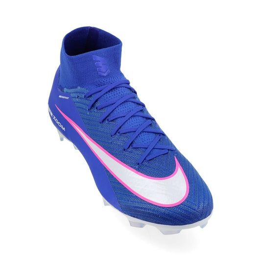 side view of the Nike Air Zoom Mercurial Superfly 10 Elite FG in Racer Blue / White (Attack Pack)