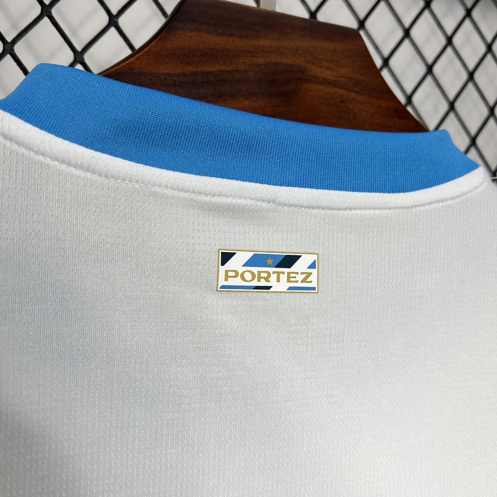 Back collar view with blue accents of the Olympique Marseille 24/25 Home White Jersey.