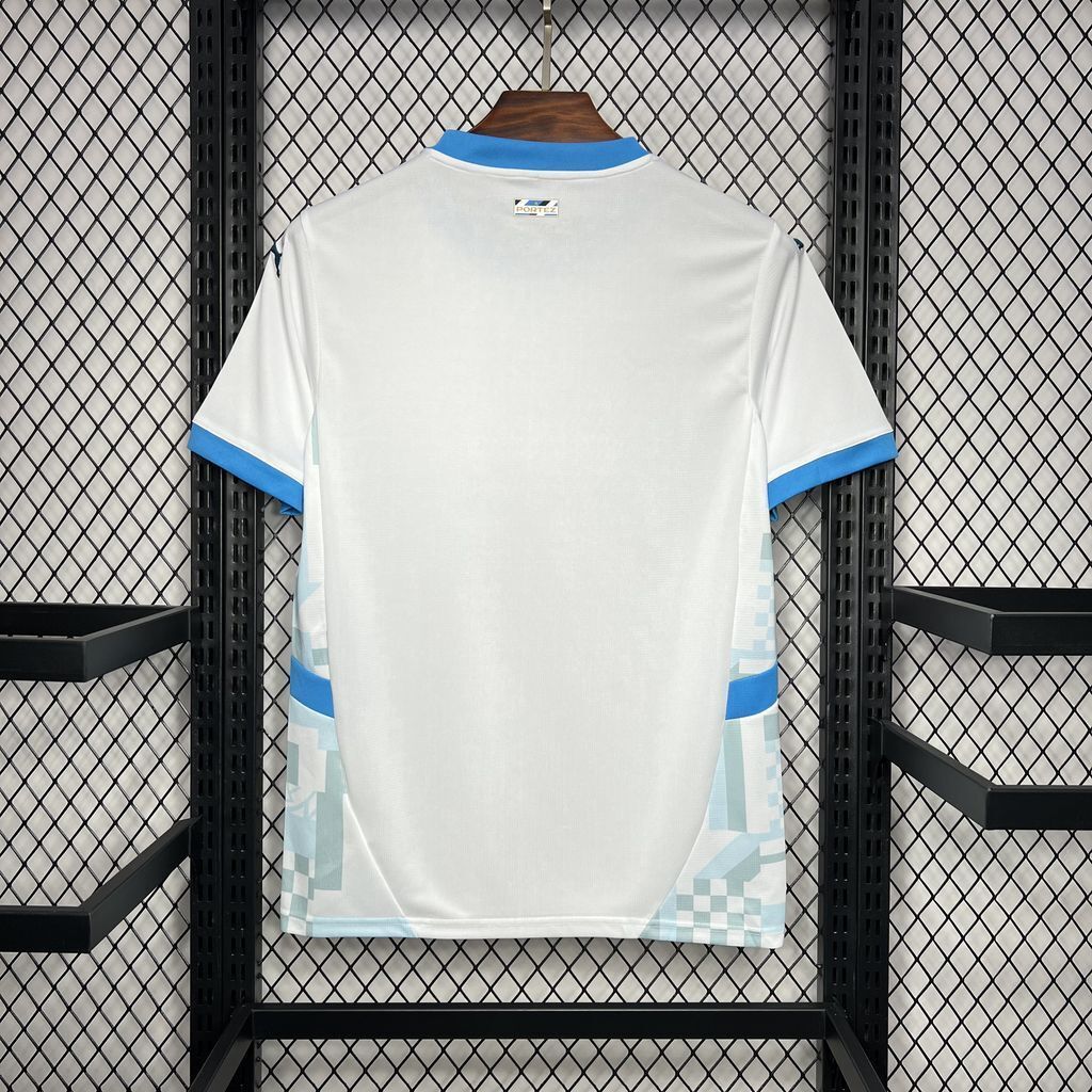 back view of the Olympique Marseille 24/25 Home White Jersey with blue accents.