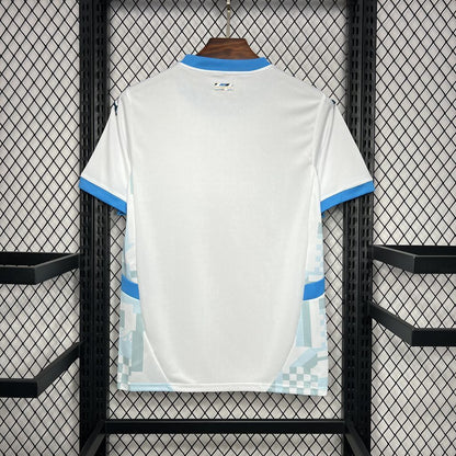 back view of the Olympique Marseille 24/25 Home White Jersey with blue accents.