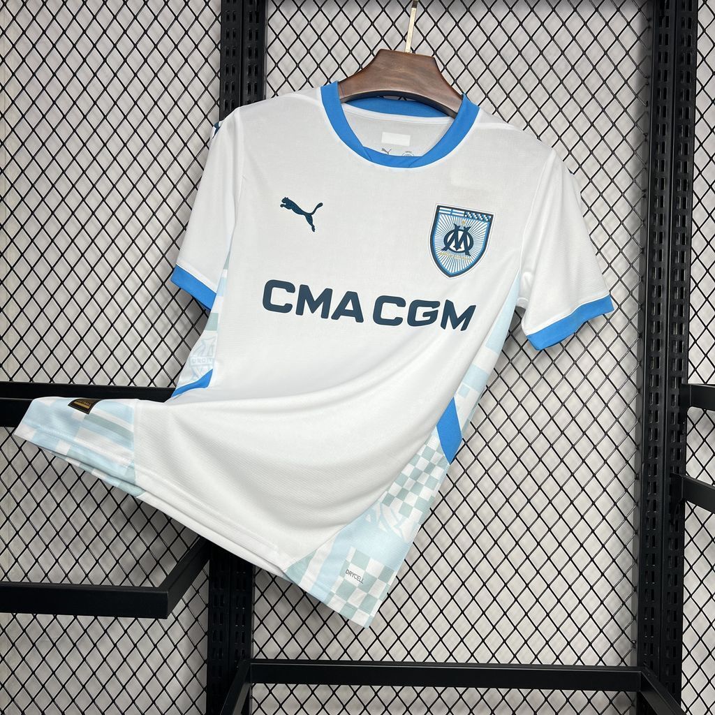 front view of the Olympique Marseille 24/25 Home White Jersey, tea logo and puma logo in blue.