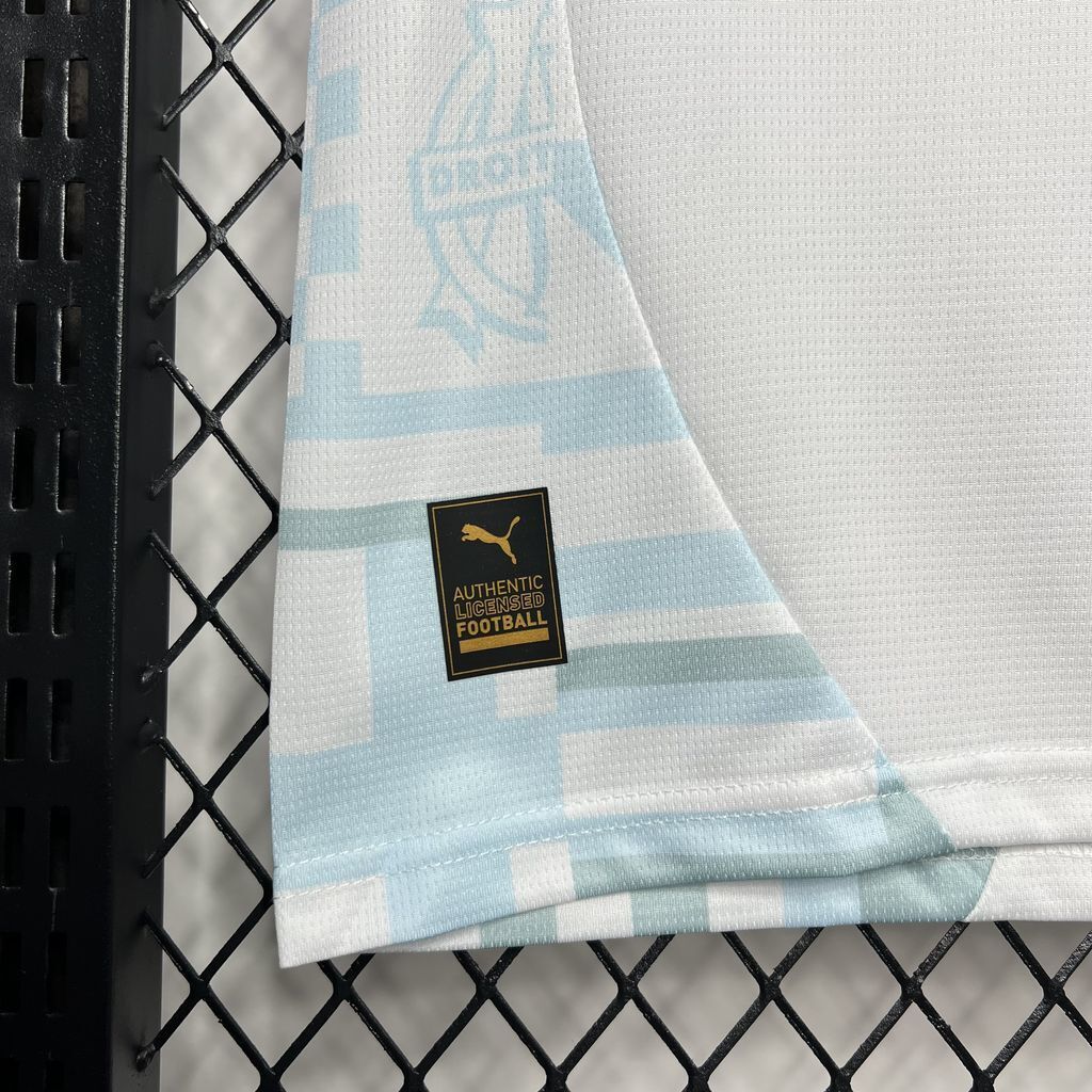 Authentic Licensed football tag on a white away jersey of Olympique Marseille 24/25.