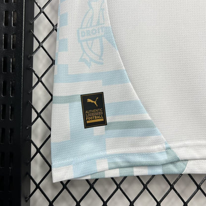 Authentic Licensed football tag on a white away jersey of Olympique Marseille 24/25.