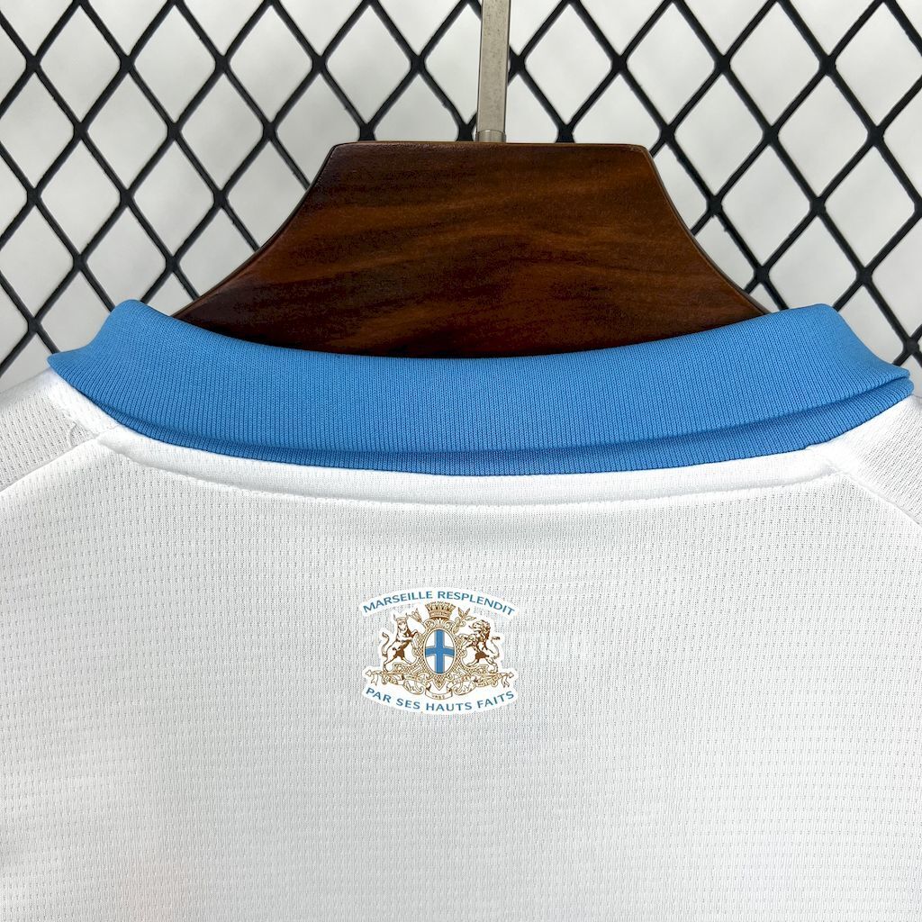 back collar view (with blue accents) of the Olympique Marseille 25/26 Home white Jersey.