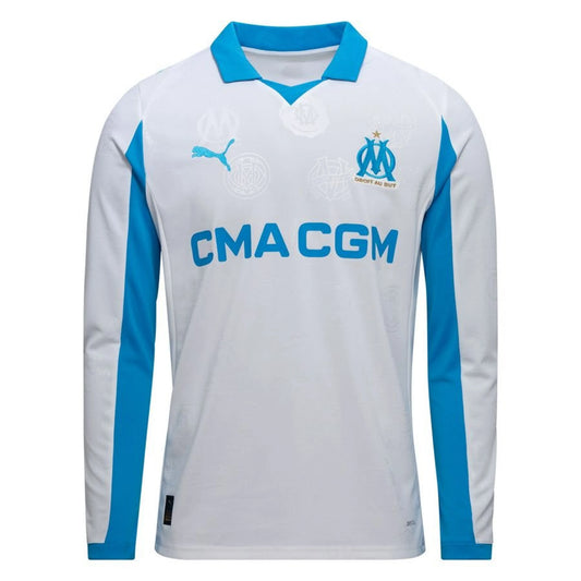 front view of the PUMA Marseille 2025/26 Home Shirt Long Sleeve White/Bleu Azur