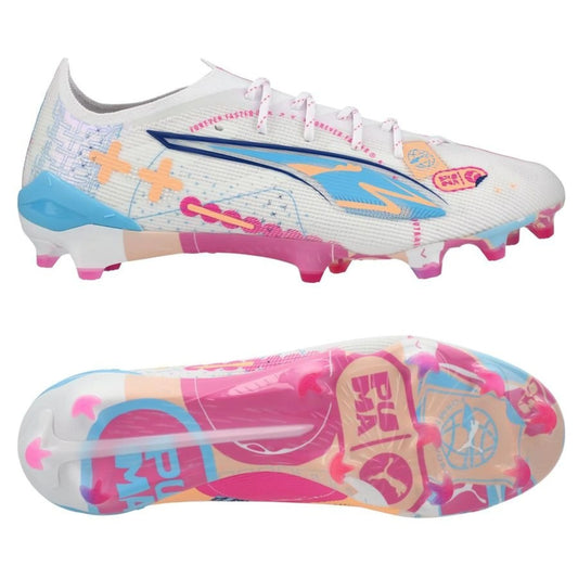 PUMA Ultra 5 Ultimate FG Volume Up Pack in White/Blue/Pink/Orange colorway