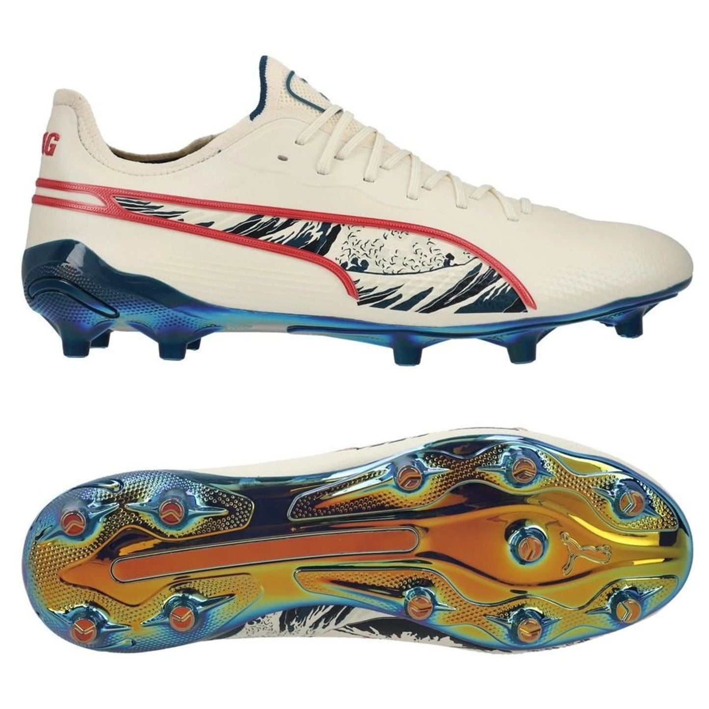 PUMA X Unisport King Ultimate FG/AG Great Wave in Almond/Red/Ocean colorway