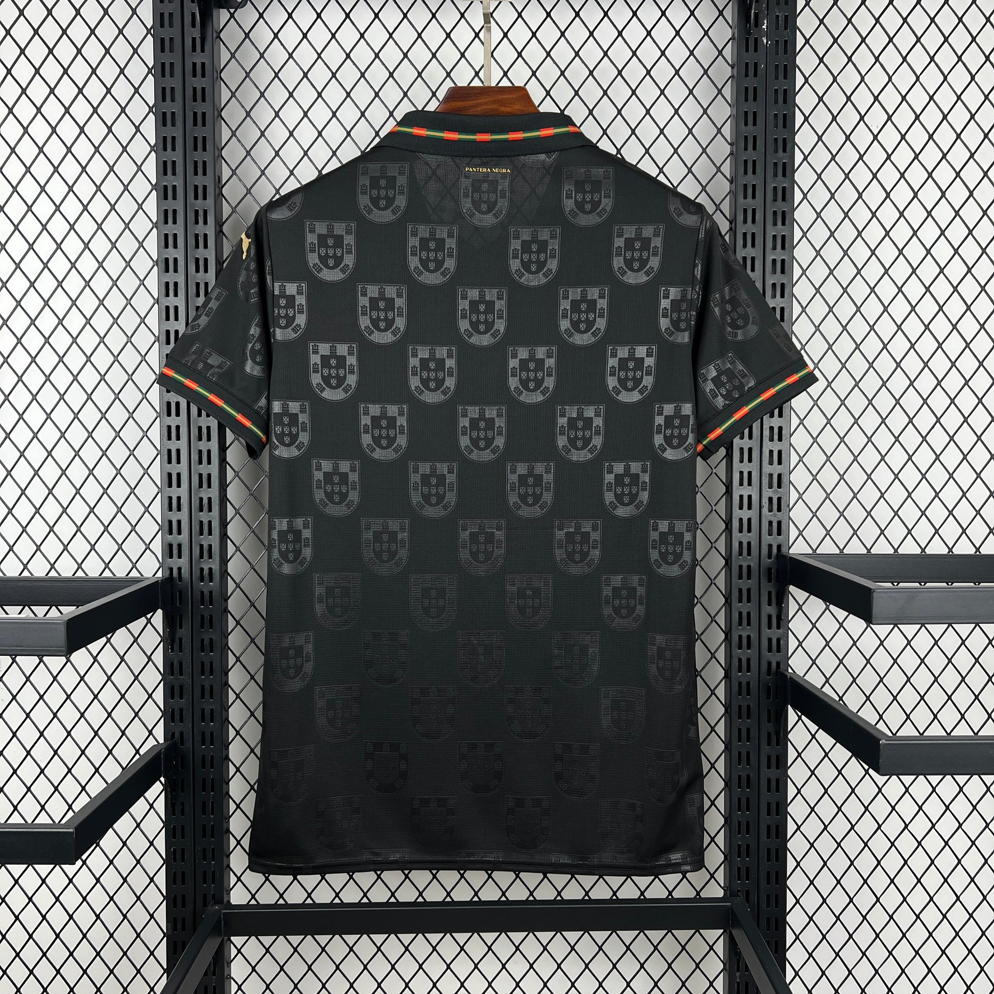 Portugal 2026 Away Jersey - Back view of the black sports jersey that has badges.