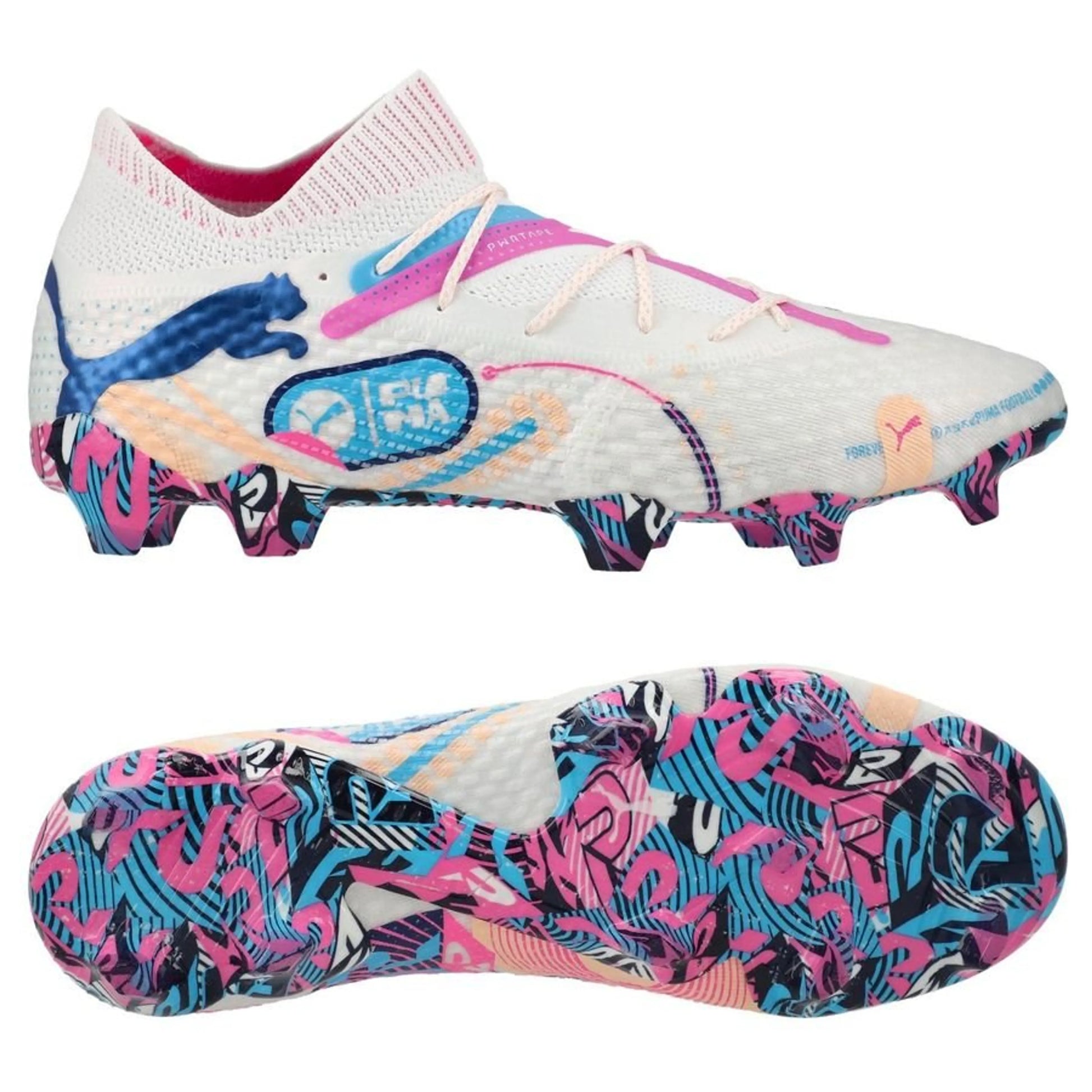 Puma Future 7 Ultimate FG "Volume Up" Pack in a White/Blue/Pink colorway