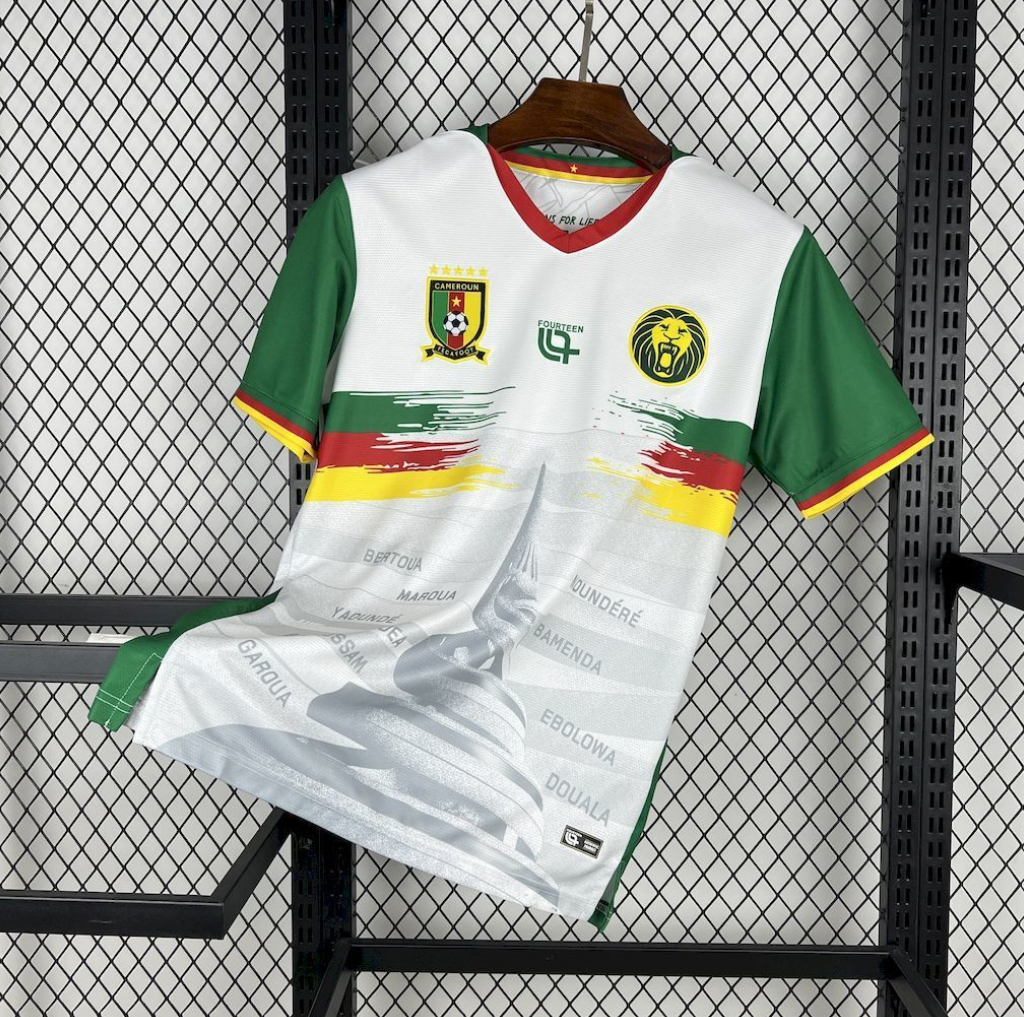 official Cameroon 25/26 Away White/Green Football Short Sleeve Jersey Designed By Fourteen