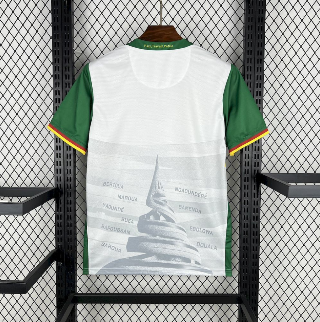 official Cameroon 25/26 Away White/Green Football Short Sleeve Jersey Designed By Fourteen