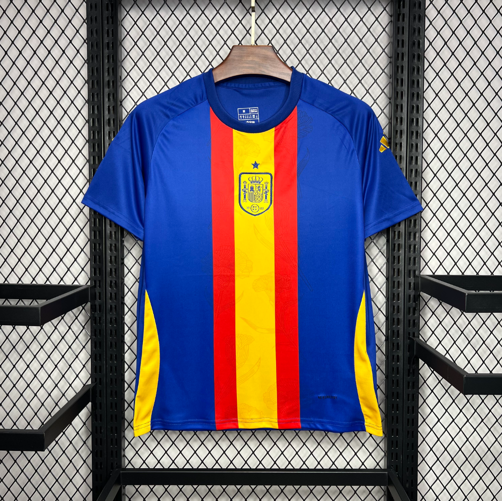 official Spain 2024/25 Pre-Match blue/red/yellow Football Jersey designed by Adidas