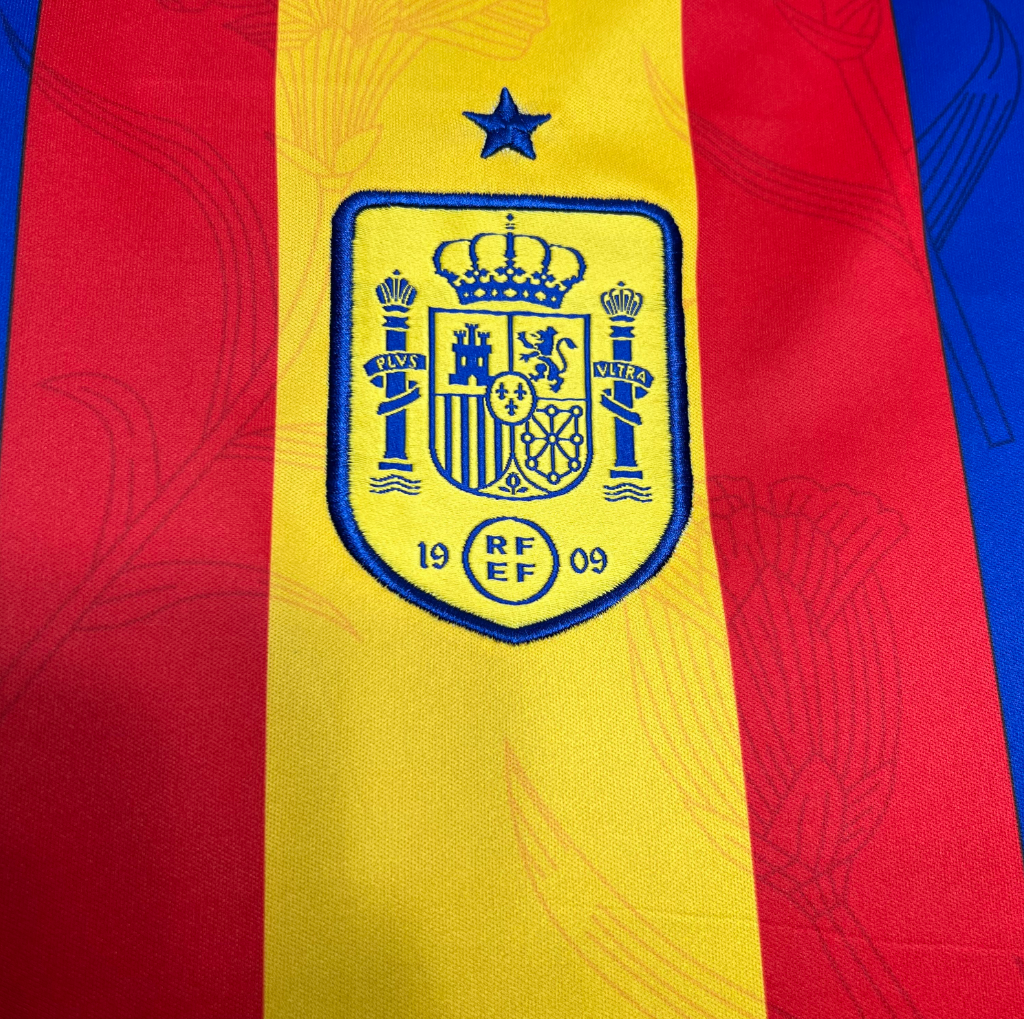 official Spain 2024/25 Pre-Match blue/red/yellow Football Jersey designed by Adidas