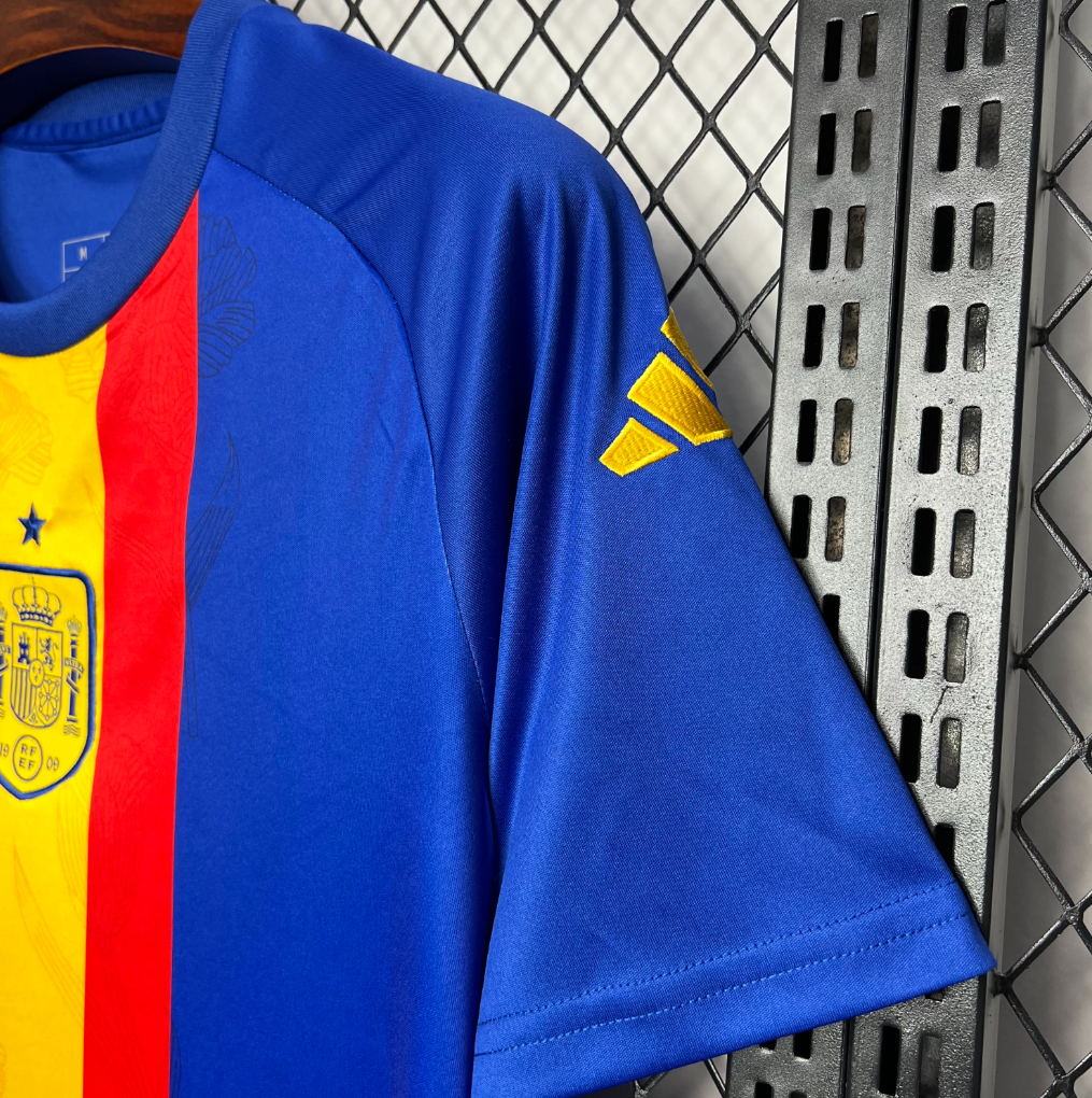 official Spain 2024/25 Pre-Match blue/red/yellow Football Jersey designed by Adidas