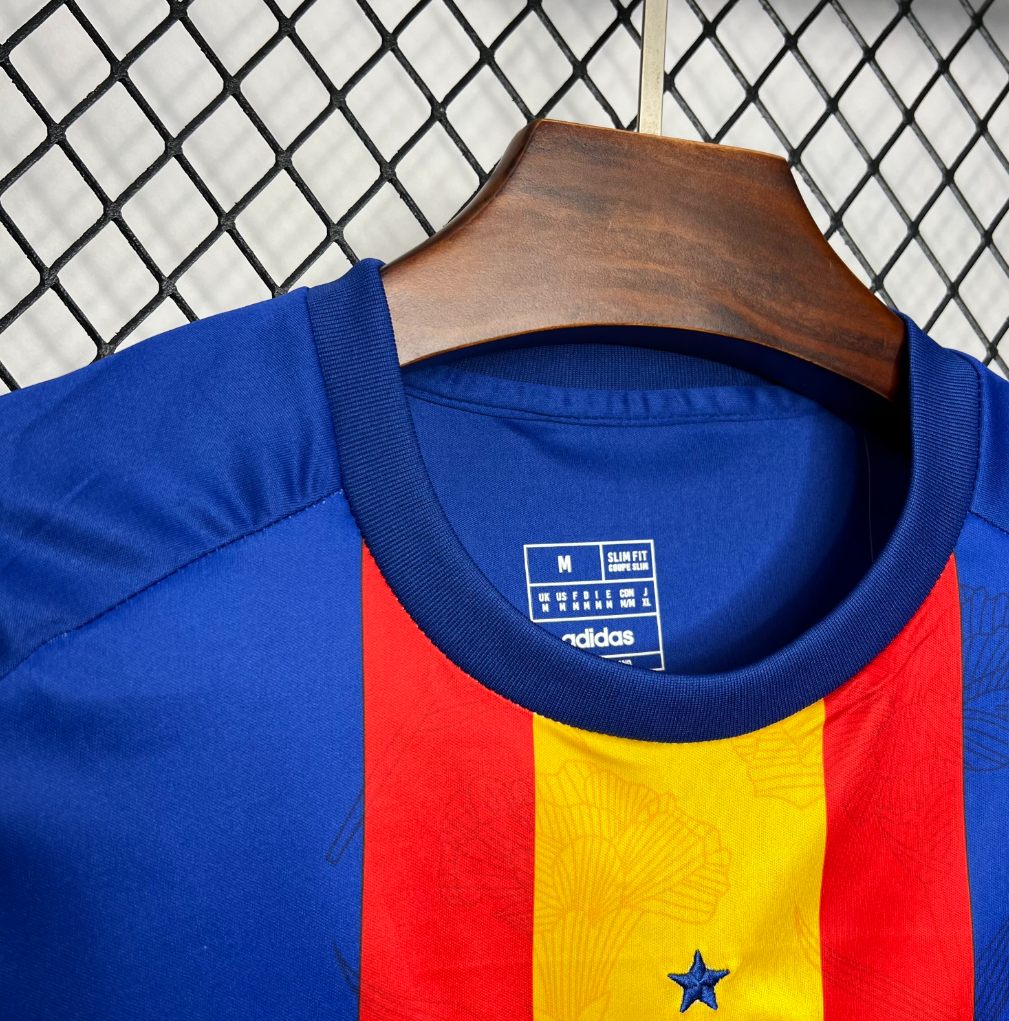 official Spain 2024/25 Pre-Match blue/red/yellow Football Jersey designed by Adidas