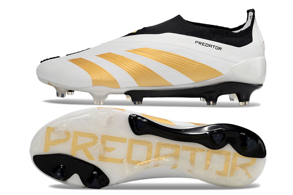 adidas predator elite, black/white/gold, available in FG laceless.