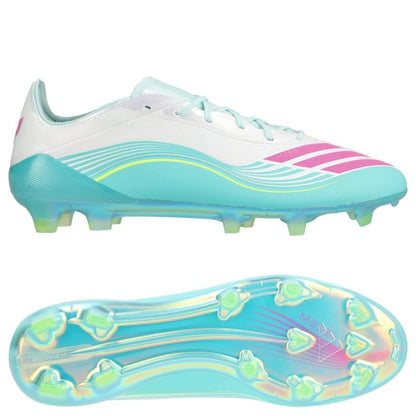 adidas F50 Messi Elite FG Aurora Radiante in a White/Pink/Aqua colorway