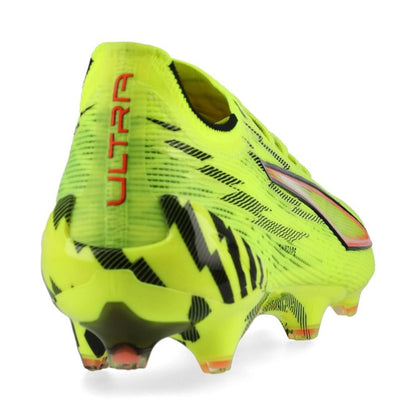 back heel view of the PUMA Ultra 6 Ultimate FG Unleashed in Yellow/Black/Red/Lime colorway