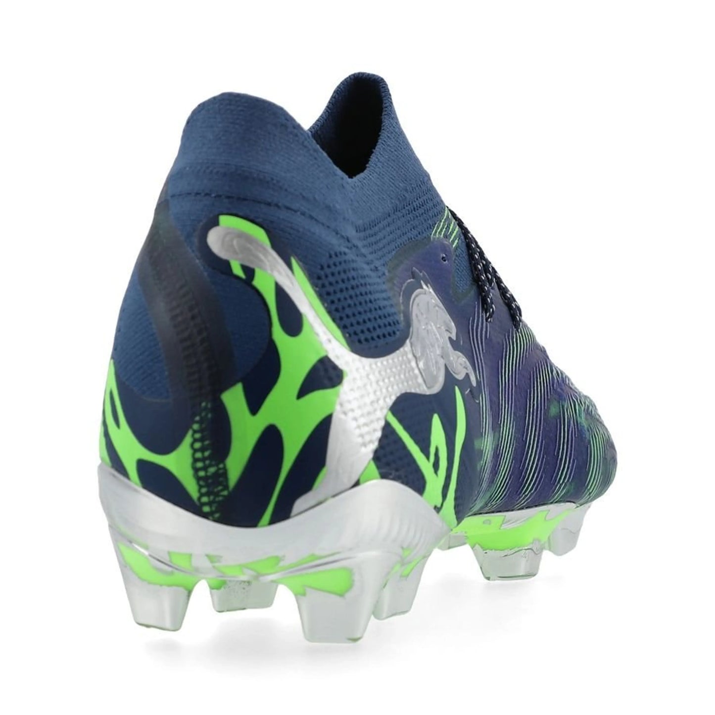 back heel view of the PUMA Future 9 Ultimate FG Cosmic Art in Blue/Green/Silver colorway