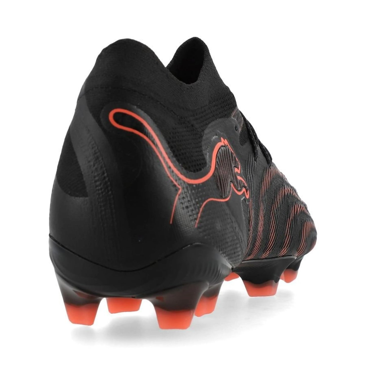 back heel view of the PUMA Future 9 Ultimate FG Eclipse in Black/Red/Gray colorway