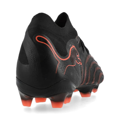 back heel view of the PUMA Future 9 Ultimate FG Eclipse in Black/Red/Gray colorway