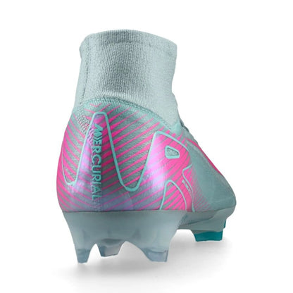 back view of the  Air Zoom Mercurial Superfly 10 Elite FG "Prism" Pack in a Blue/Pink colorway