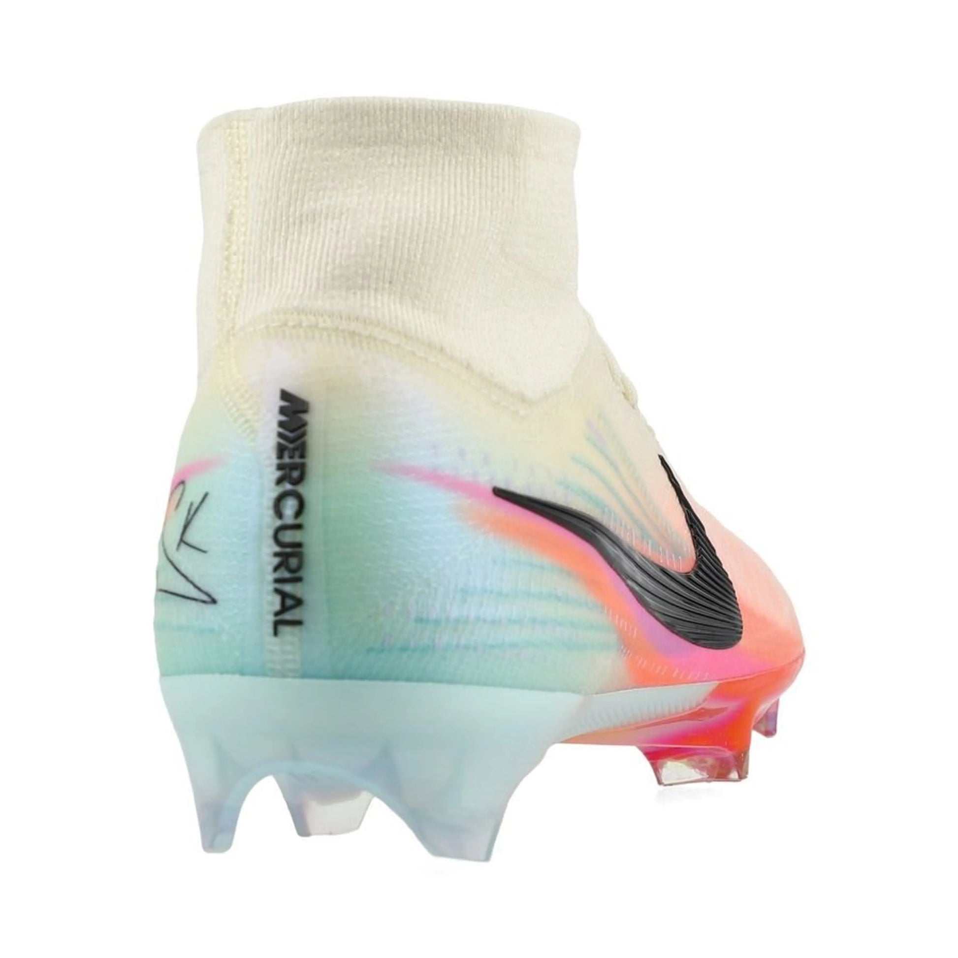 back view of the Nike Air Zoom Mercurial Superfly 10 Elite FG Sam Kerr Personal Edition in Ivory/Black colorway