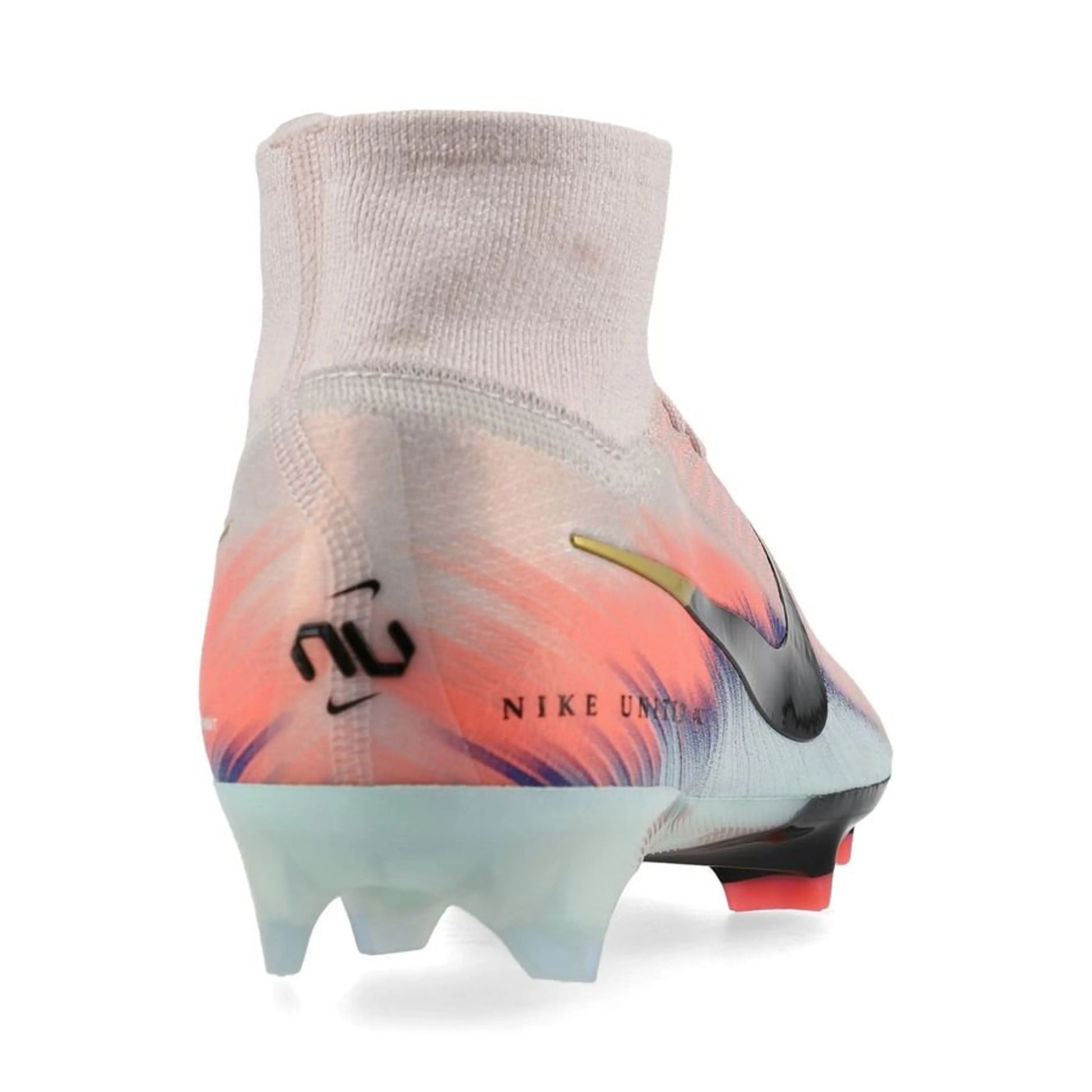 back view of the Nike Air Zoom Mercurial Superfly 10 Elite FG "United Chapter 2" Pack in a Pink/Blue/Black colorway