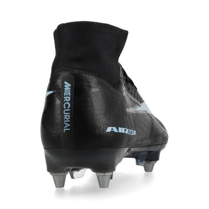 back view of the Nike Air Zoom Mercurial Superfly 10 Elite SG-PRO in Black/Blue from the stealthy Shadow Pack