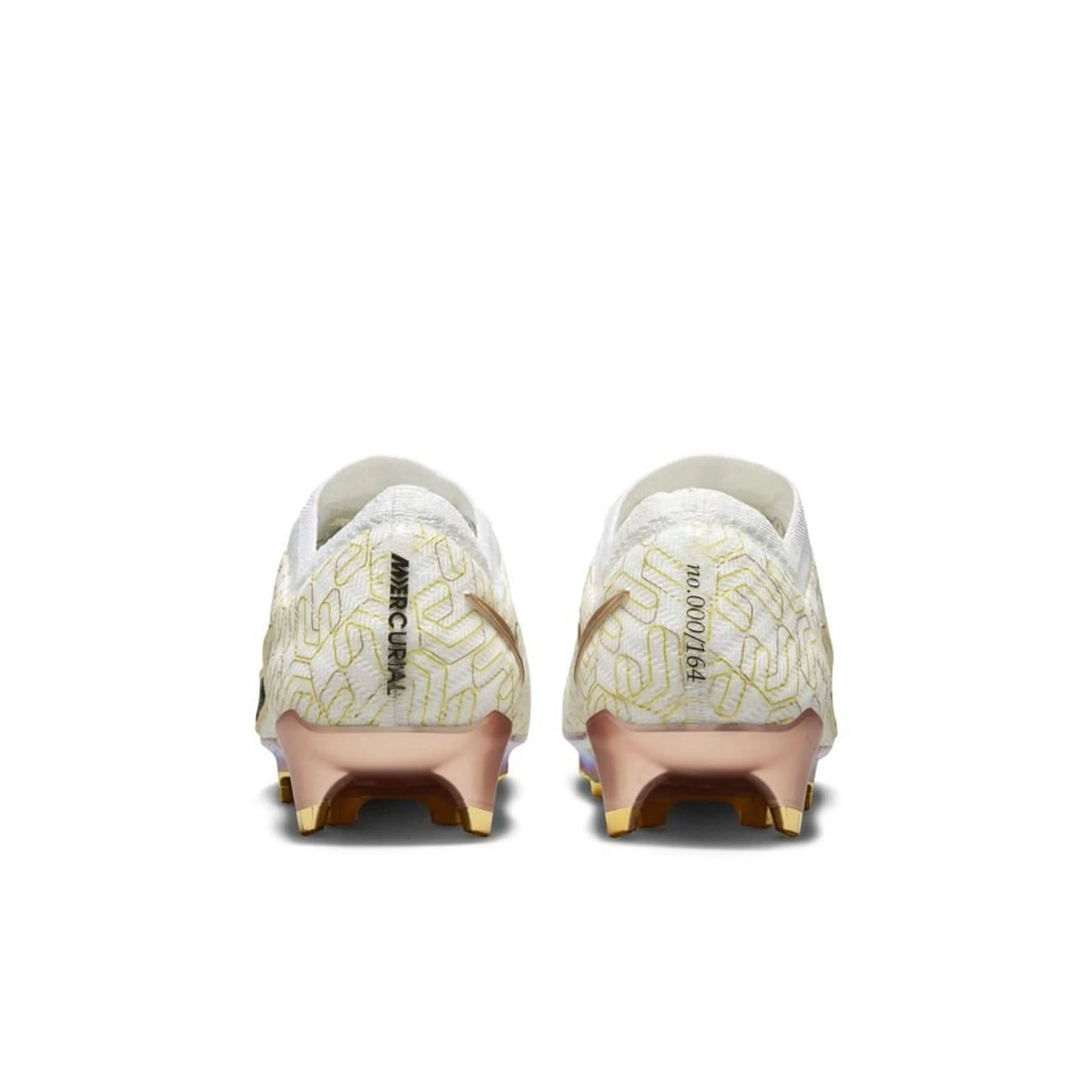back view of the Nike Air Zoom Mercurial Vapor 15 Elite FG "United Golden" pack in a White/Black/Gold colorway