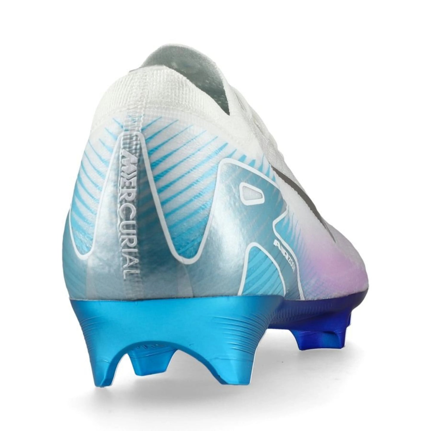 back view of the Nike Air Zoom Mercurial Vapor 16 Elite FG "Chromatic" Pack in a White/Blue colorway