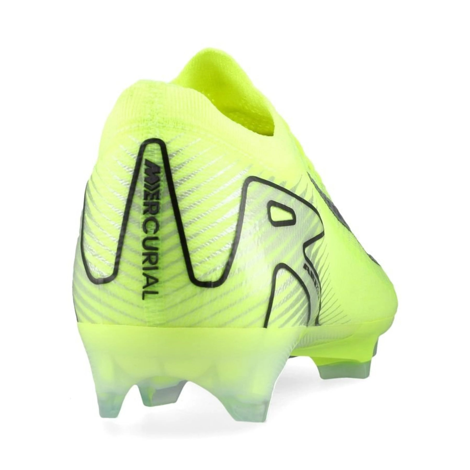 back view of the Nike Air Zoom Mercurial Vapor 16 Elite FG "Mad Voltage" Pack in a Neon/Black colorway