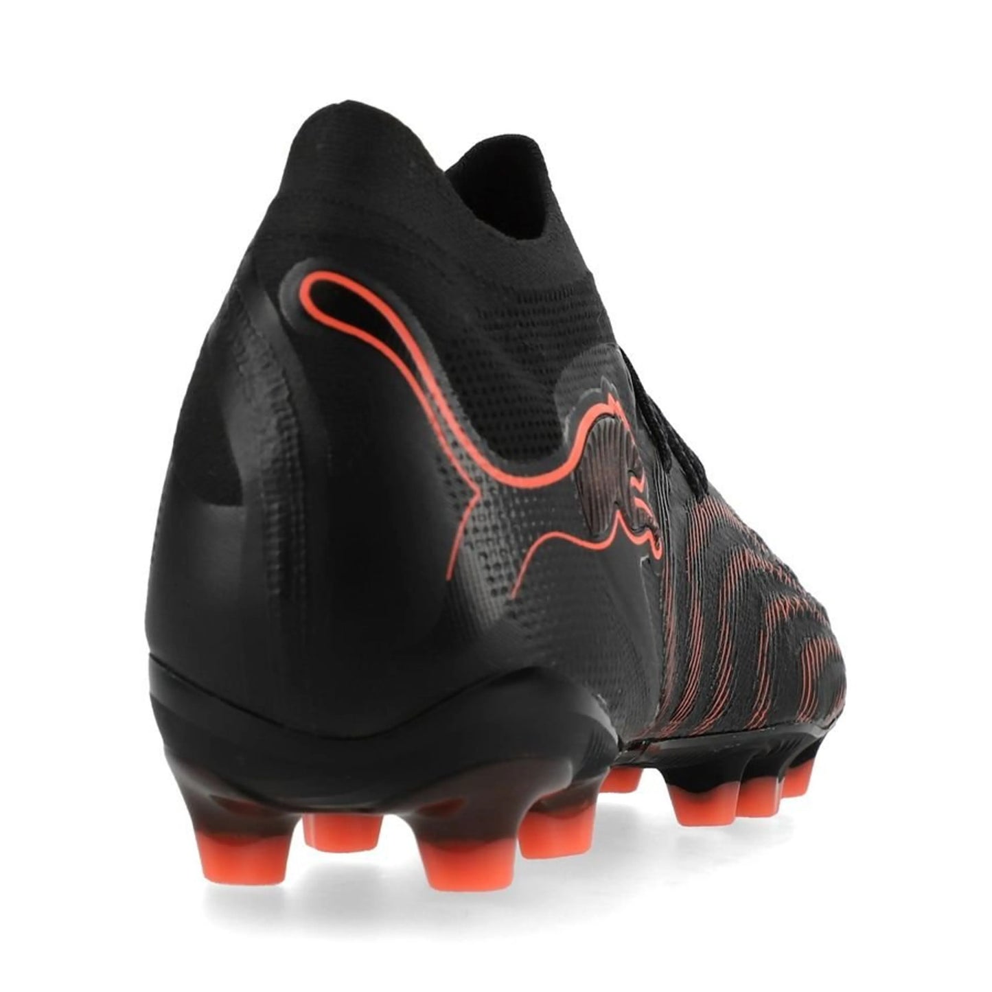 back view of the PUMA Future 9 Ultimate AG in PUMA Black / Glowing Red / Strong Gray (Eclipse Pack)