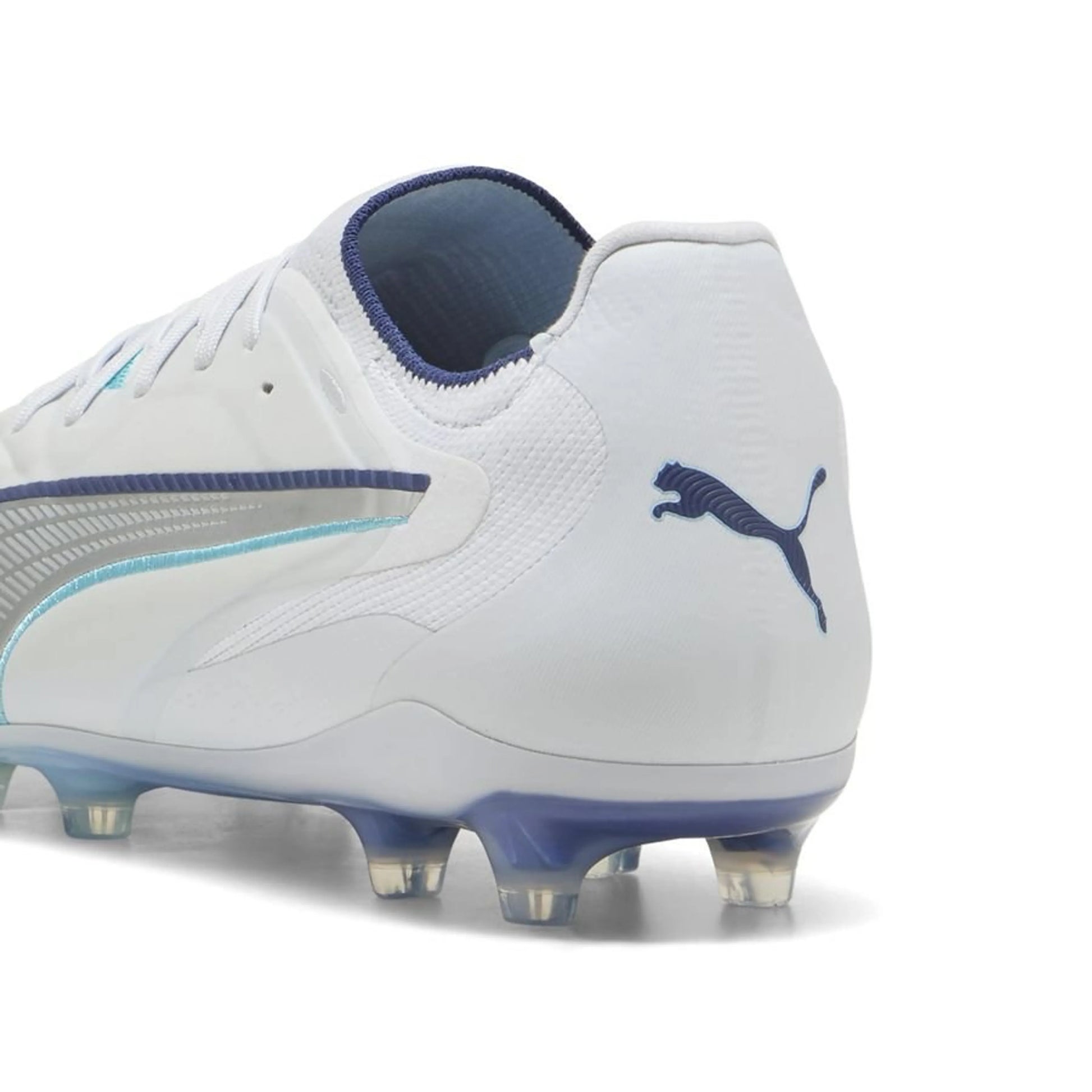 back view of the PUMA King 20 Ultimate FG/AG Dreamrush in a Silver/Blue colorway