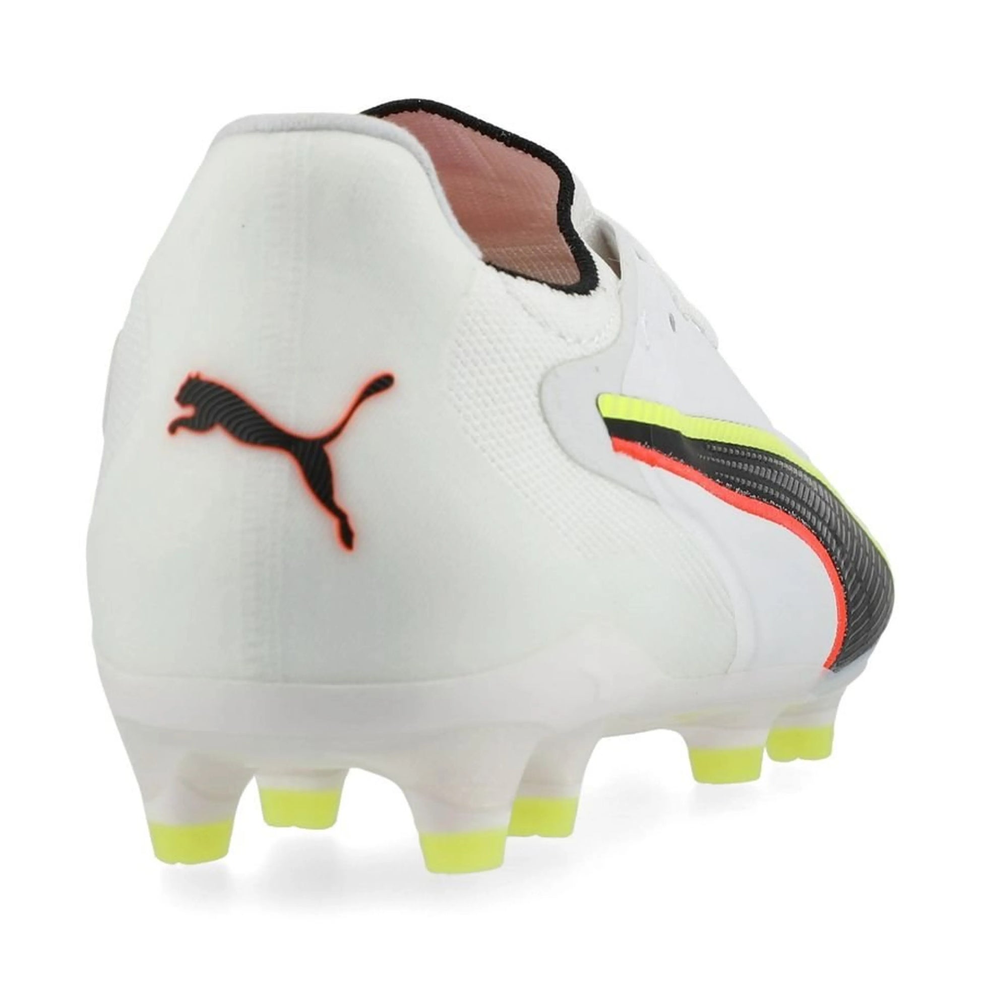 back heel view of the PUMA King 20 Ultimate FG/AG Unleashed in White/Red/Yellow colorway
