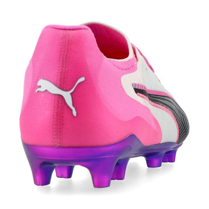 back view of the PUMA King 20 Ultimate FG/AG in PUMA White / Poison Pink / Bright Aqua (Showtime Pack)
