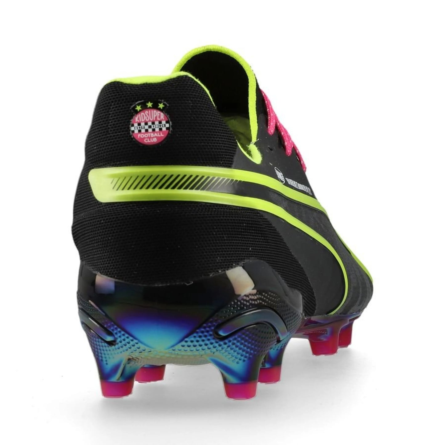 back view of the PUMA King Ultimate FG/AG Club World Cup X Kidsuper in Grey/Lime/Gray