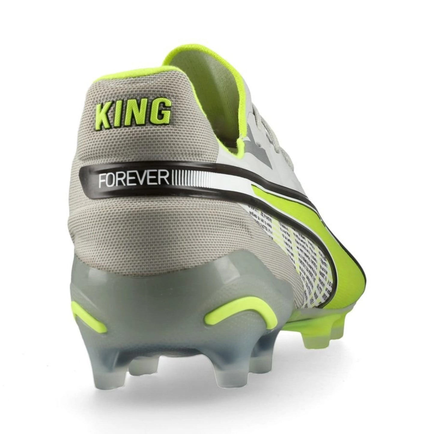 back view of the PUMA King Ultimate FG/AG "Forever" Pack in a Lime/Grey/White colorway