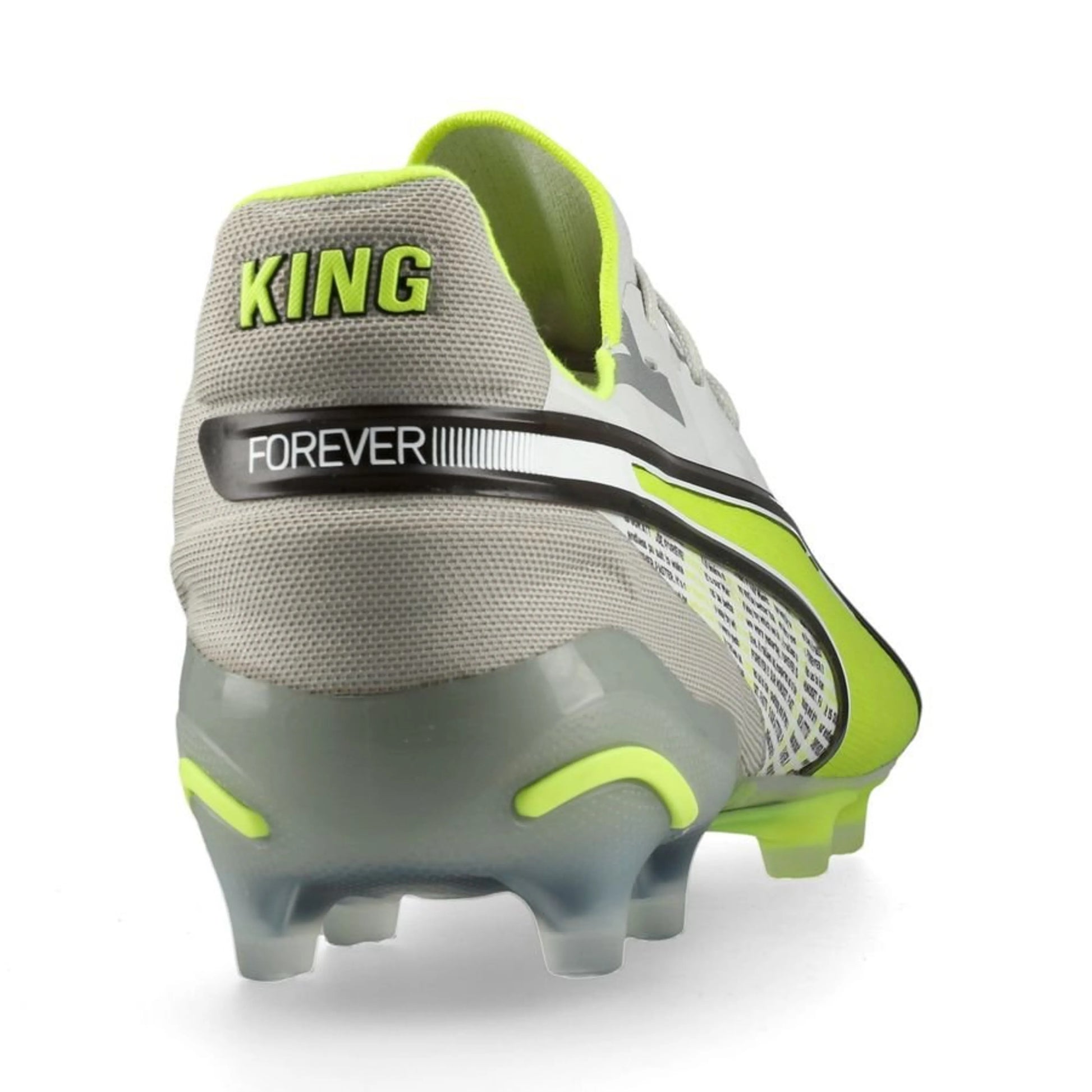 back view of the PUMA King Ultimate FG/AG "Forever" Pack in a Lime/Grey/White colorway