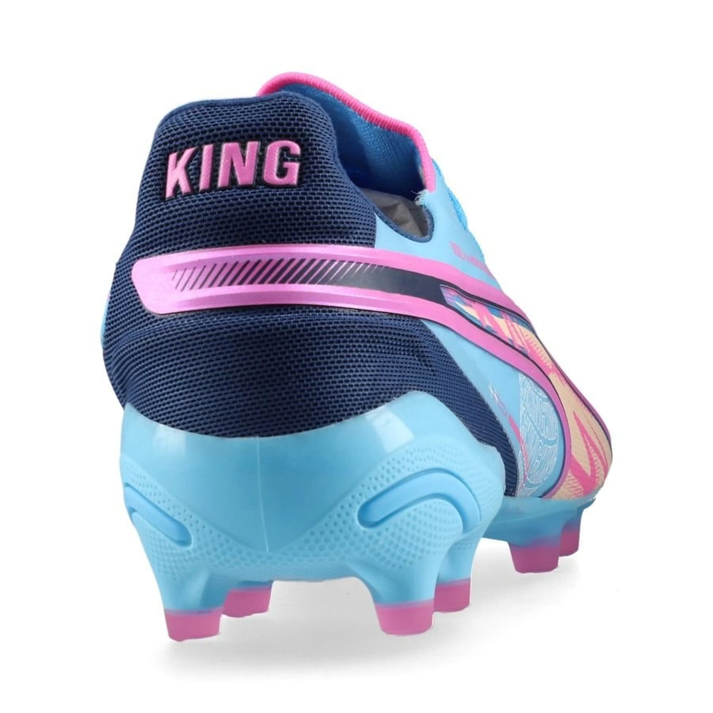 back view of the PUMA King Ultimate FG/AG "Volume Up" Pack in a Blue/Pink/Black colorway