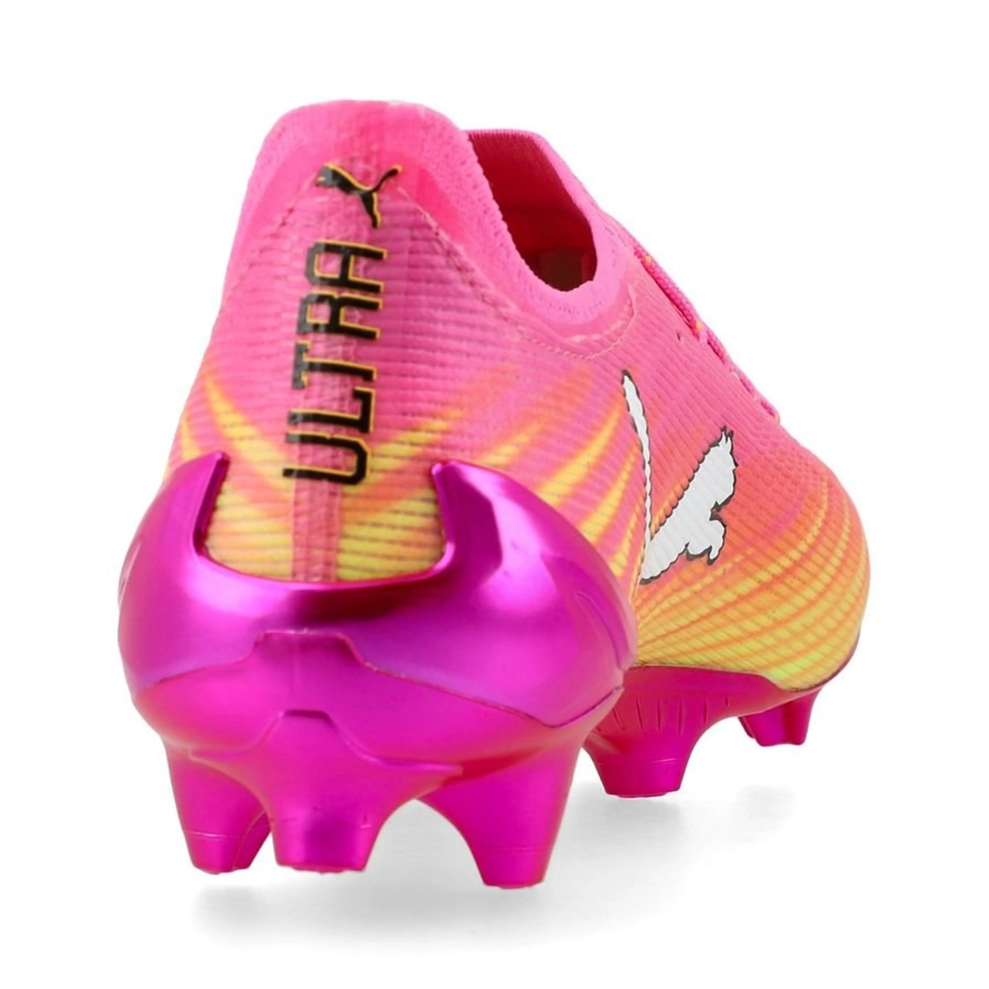 back view of the PUMA Ultra 6 Ultimate FG Women's in Poison Pink / Sun Stream (Showtime Pack)