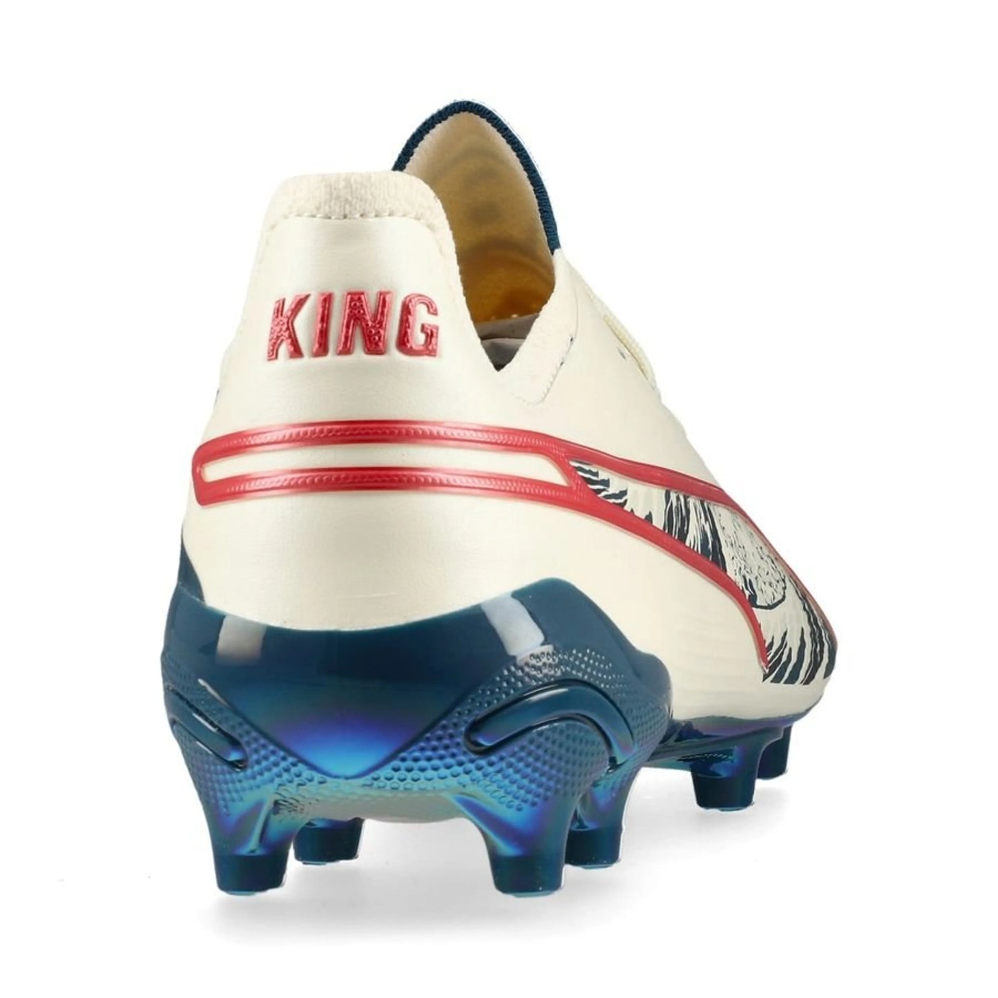 back view of the PUMA X Unisport King Ultimate FG/AG Great Wave in Almond/Red/Ocean colorway