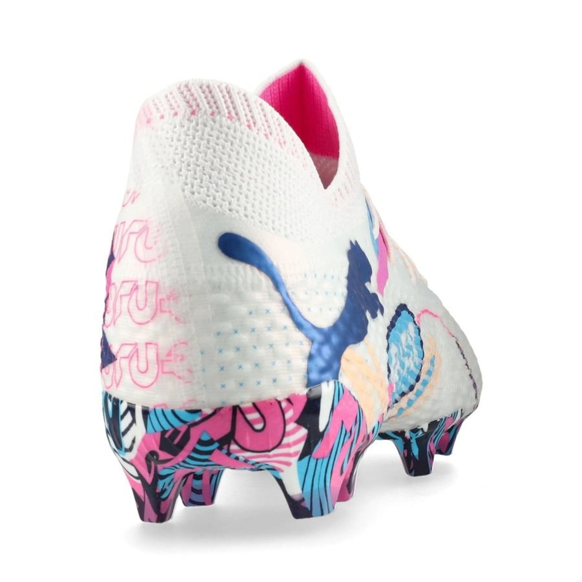 back view of the Puma Future 7 Ultimate FG "Volume Up" Pack in a White/Blue/Pink colorway