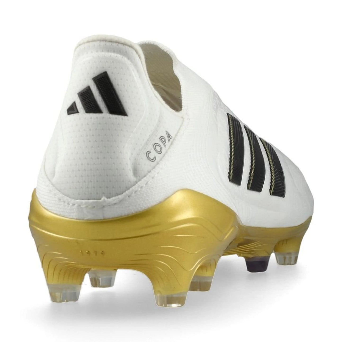 back view of the adidas Copa Pure Elite III Laceless FG "Road to Glory" pack in a White/Black/Gold colorway