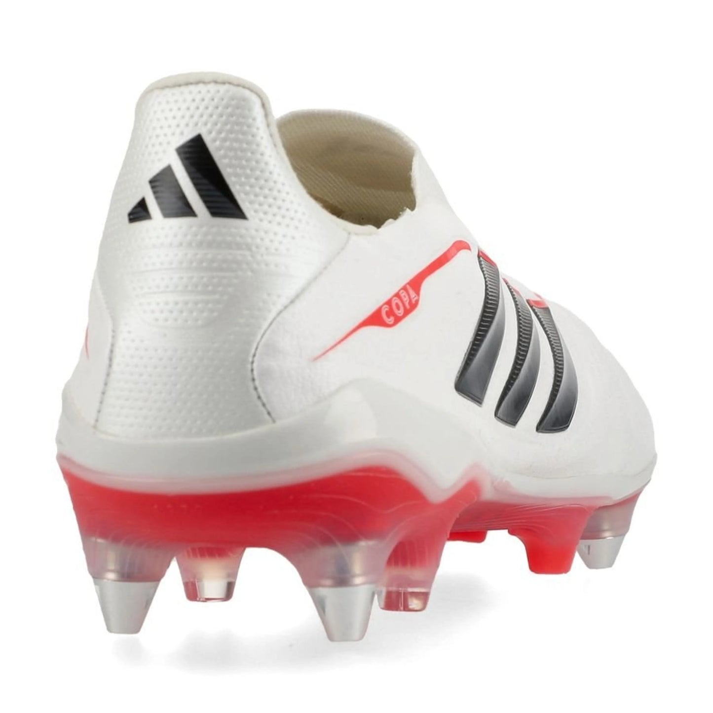 back view of the adidas Copa Pure IV Elite Laceless SG in Footwear White / Metallic / Black / Red (Born For Goals Pack)