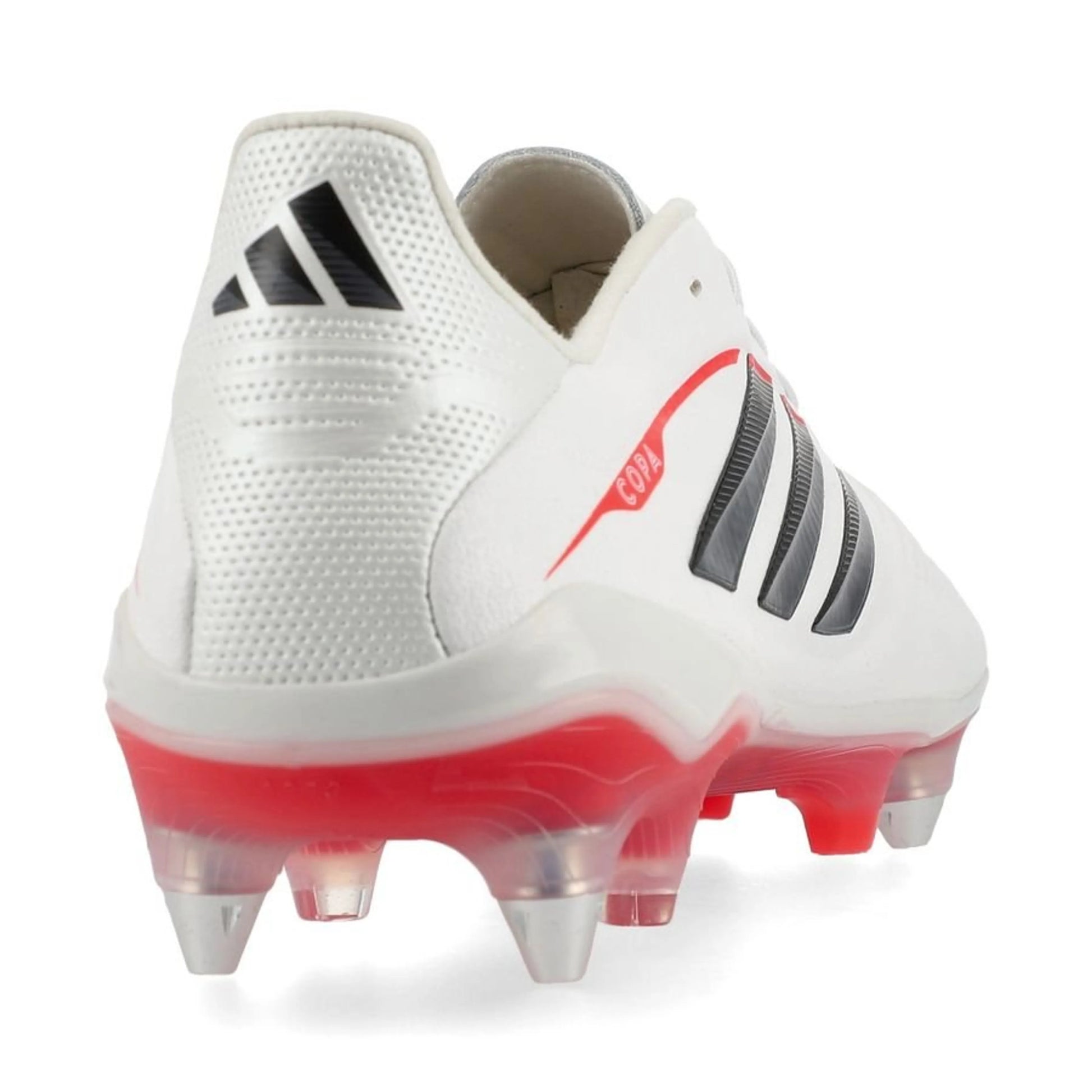 back view of the adidas Copa Pure IV Elite SG in Footwear White / Zero Metallic / Core Black / Lucid Red (Born For Goals Pack)