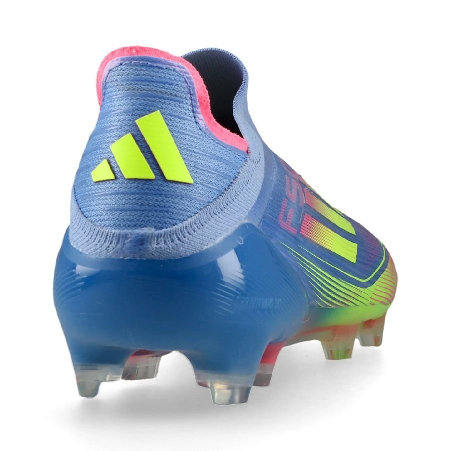 back view of the adidas F50 Elite Laceless FG "Celestial Victory" Pack in a Blue/Yellow/Pink colorway