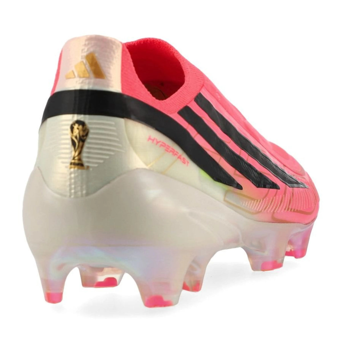back view of the adidas F50 Hyperfast Elite Laceless FG in Solar Turbo / Core Black / Gold Metallic (Road to Glory Pack)