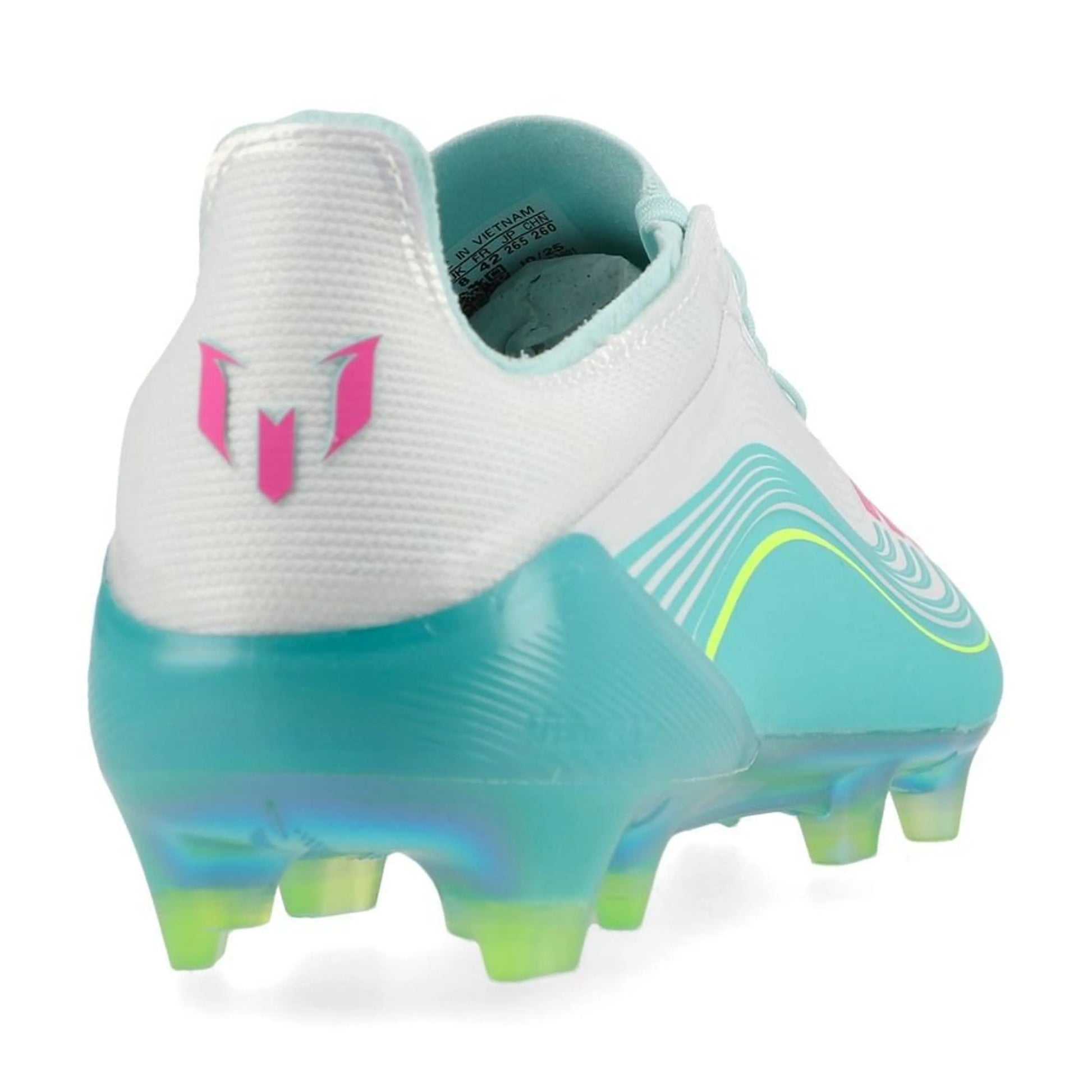 back view of the adidas F50 Messi Elite FG Aurora Radiante in a White/Pink/Aqua colorway